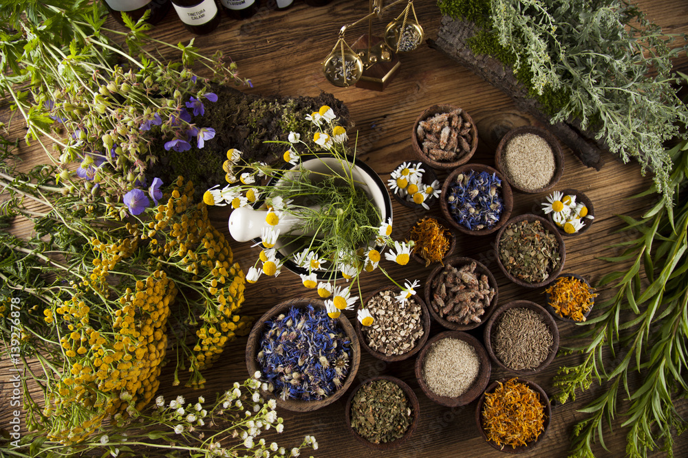 Natural medicine on wooden table background Natural medicine on wooden table background