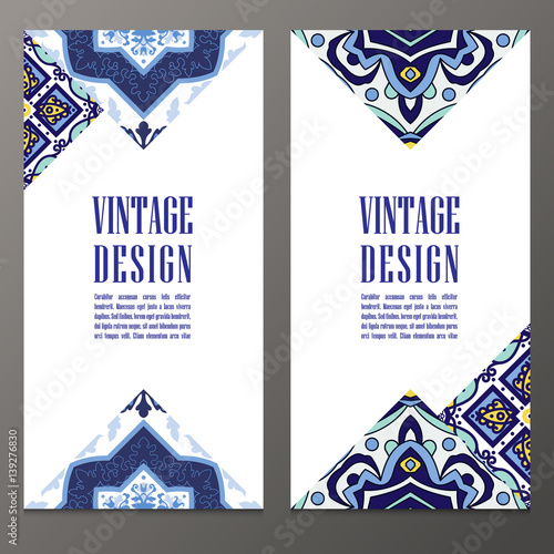 Vintage Banner for business and invitation card. Portuguese tiles azulejo. Template with decorative tiles ornamental element. For postcard, brochure, advertising, bookmark, leaflet. Vector.