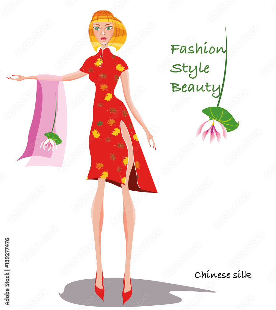 vector illustration with a beautiful young blond fashion woman in a silk red Chinese style dress vector illustration with a beautiful young blond fashion woman in a silk red Chinese style dress