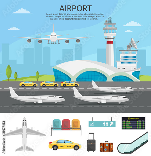 Airport passenger terminal and waiting room. International arrival departures background vector illustration airplane infographic