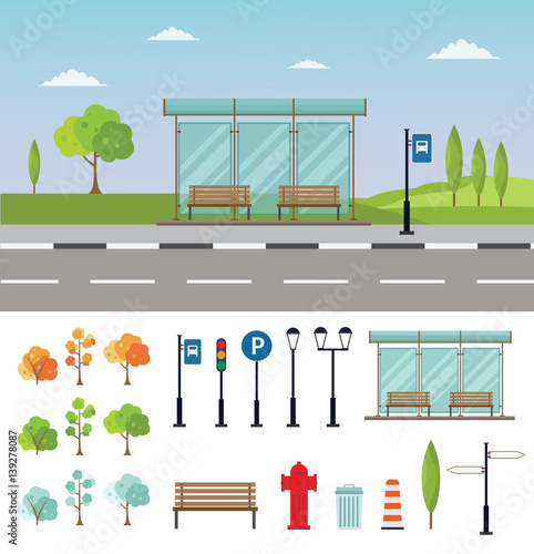 Bus stop cityscape flat vector illustration background set