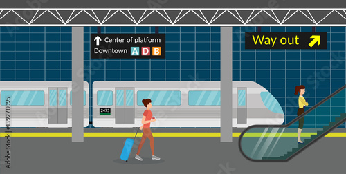 Subway station platform set with train, underground, inside the railway.