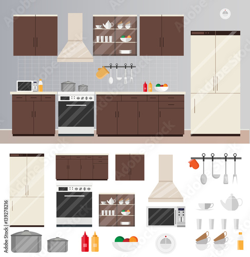 Fototapeta Naklejka Na Ścianę i Meble -  Kitchen interior flat style vector modern of Illustration set