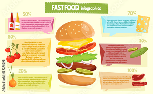 Hamburger infographics retro set with cartoon vector illustration calories information ingredients fast food background