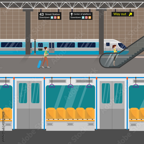 Subway station platform set with train, underground, inside the railway.
