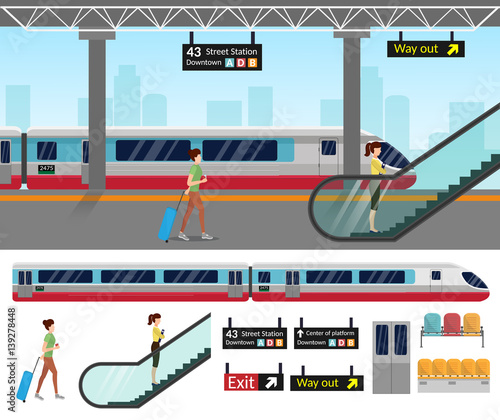 Subway station platform set with train, underground, inside the railway.