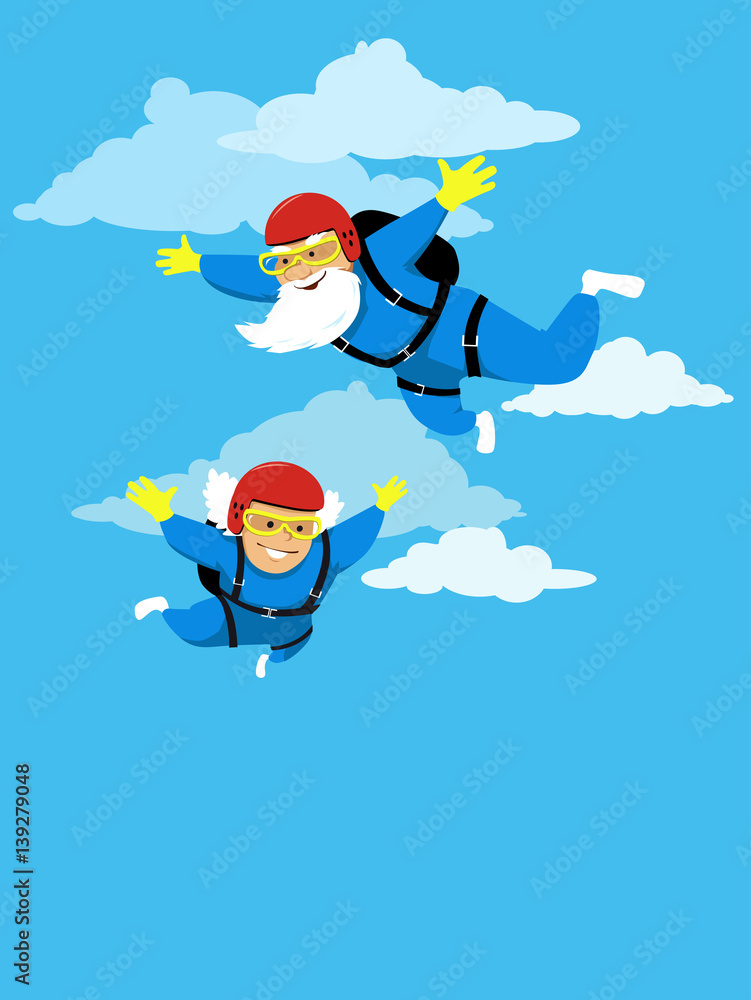 Happy active senior couple skydiving, EPS 8 vector illustration Happy active senior couple skydiving, EPS 8 vector illustration