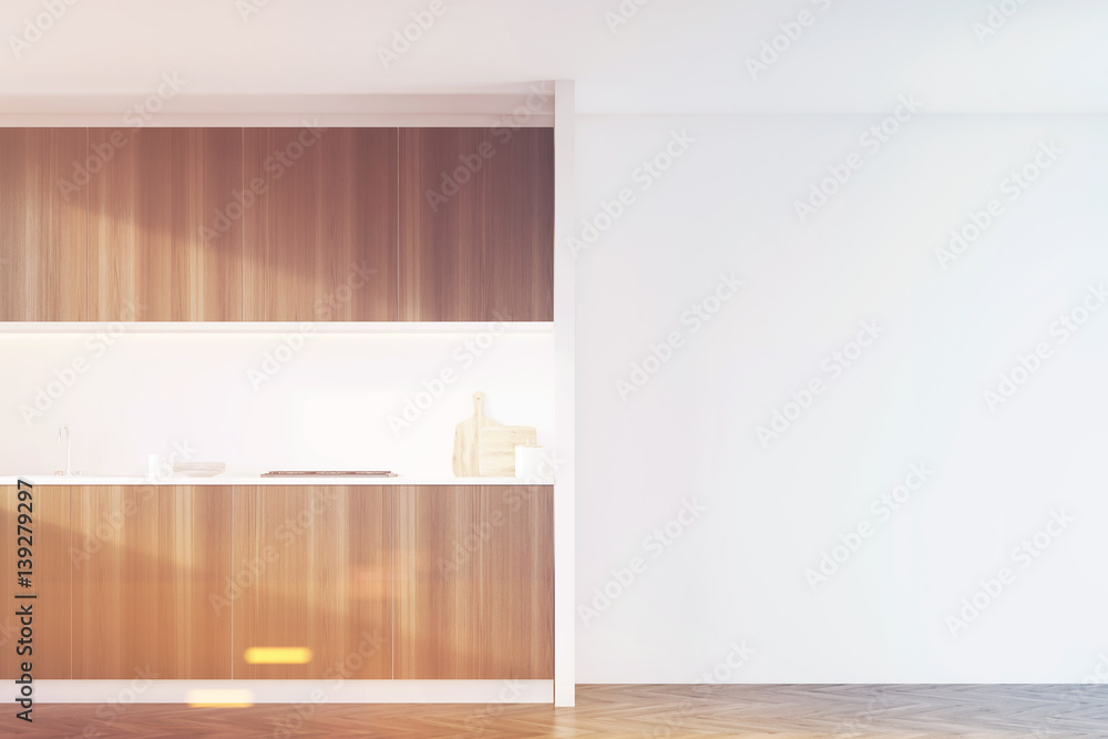 Fototapeta premium Dark wood kitchen with white wall, toned