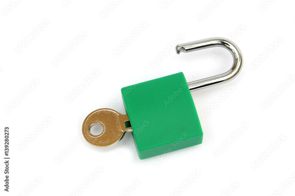 Green padlock, unlocked with key, on white background Green padlock, unlocked with key, on white background