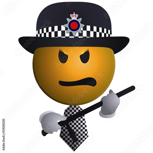 Police Smiley Holding Nightstick - Elegant policeman emoticon with hat on the head and tie, hold nightstick in the hand.