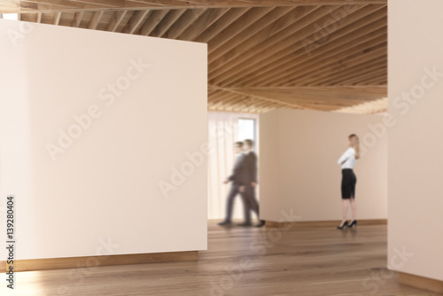 Art gallery wooden floor, ceiling, people walk