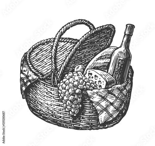 Vintage wicker picnic hamper or basket with food such as bottle of wine, cheese, bunch grapes, loaf. Sketch vector illustration