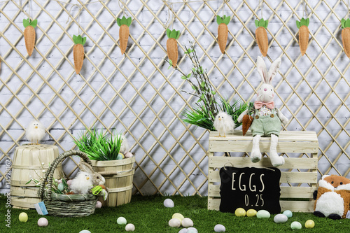Easter indoor background with eggs and bunny