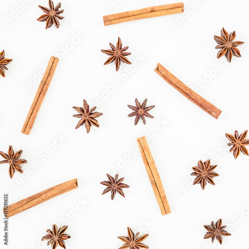 Cinnamon and anisetree on white background. Flat lay. Top view.