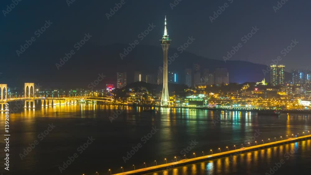 night light famous macau tower taipa bridge road panorama 4k time lapse china
