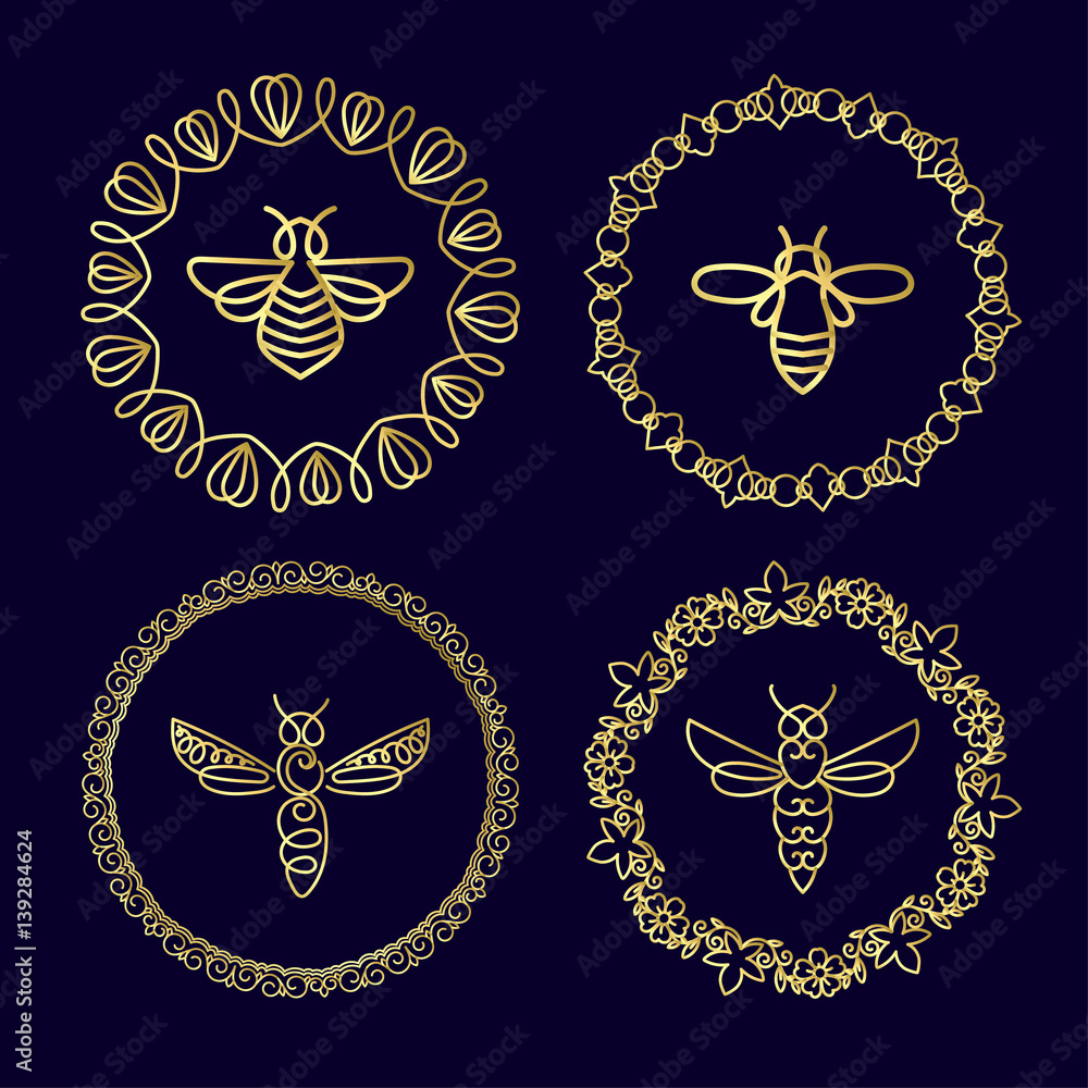 Logo with insect. Badge Bee for corporate identity, packaging luxury brand of bee products, eco-cosmetics, soap, medical products and honey. Trend style in thin line.