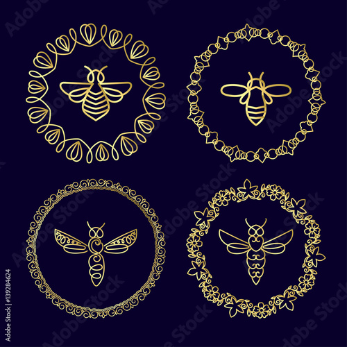 Logo with insect. Badge Bee for corporate identity, packaging luxury brand of bee products, eco-cosmetics, soap, medical products and honey. Trend style in thin line.
