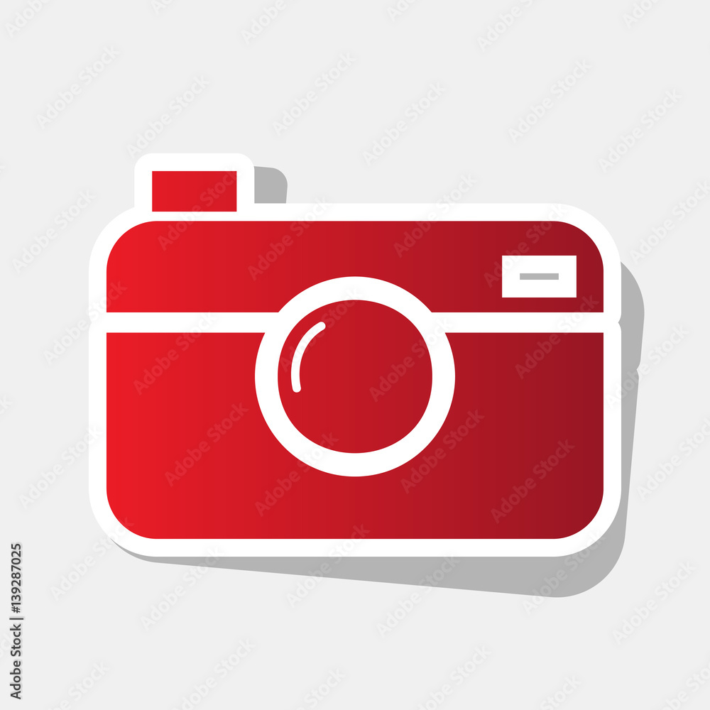 Digital photo camera sign. Vector. New year reddish icon with outside stroke and gray shadow on light gray background. Digital photo camera sign. Vector. New year reddish icon with outside stroke and gray shadow on light gray background.