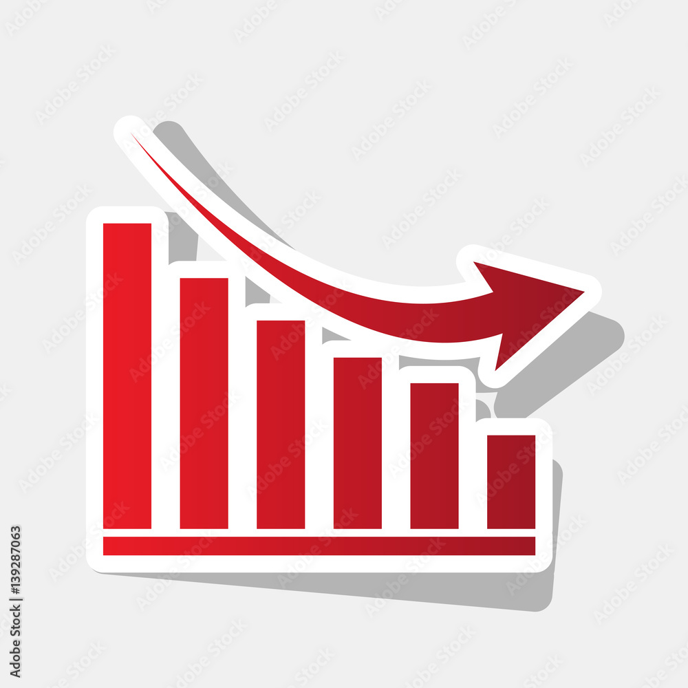 Declining graph sign. Vector. New year reddish icon with outside stroke and gray shadow on light gray background.