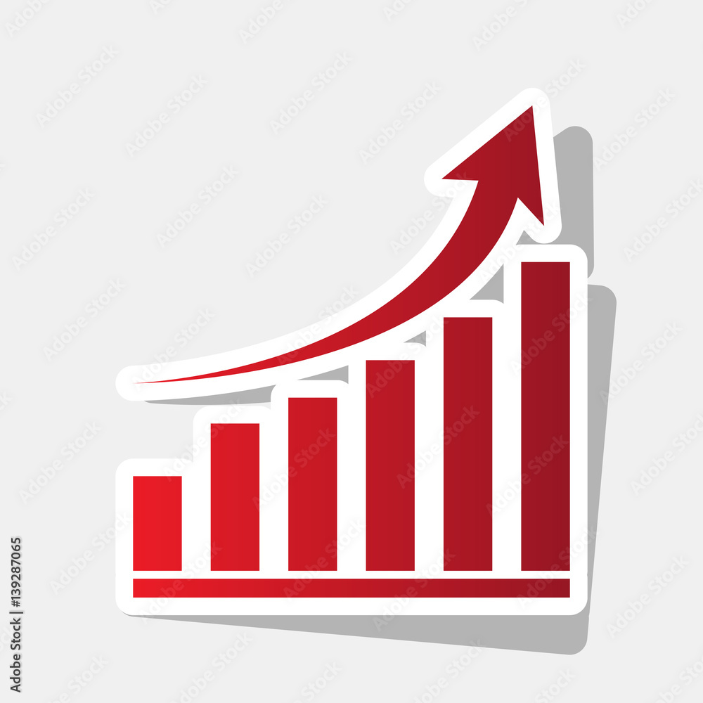 Growing graph sign. Vector. New year reddish icon with outside stroke and gray shadow on light gray background. Growing graph sign. Vector. New year reddish icon with outside stroke and gray shadow on light gray background.
