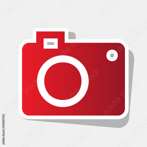 Digital camera sign. Vector. New year reddish icon with outside stroke and gray shadow on light gray background.