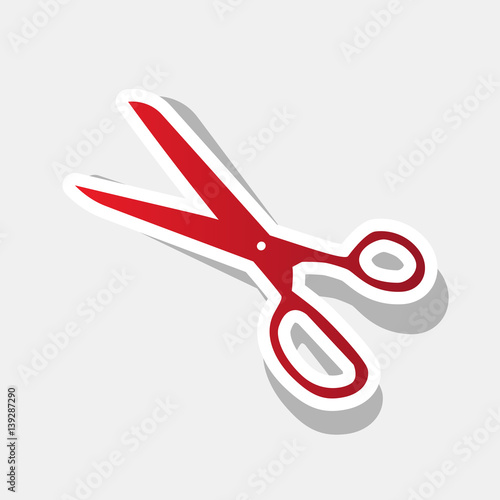 Scissors sign illustration. Vector. New year reddish icon with outside stroke and gray shadow on light gray background.