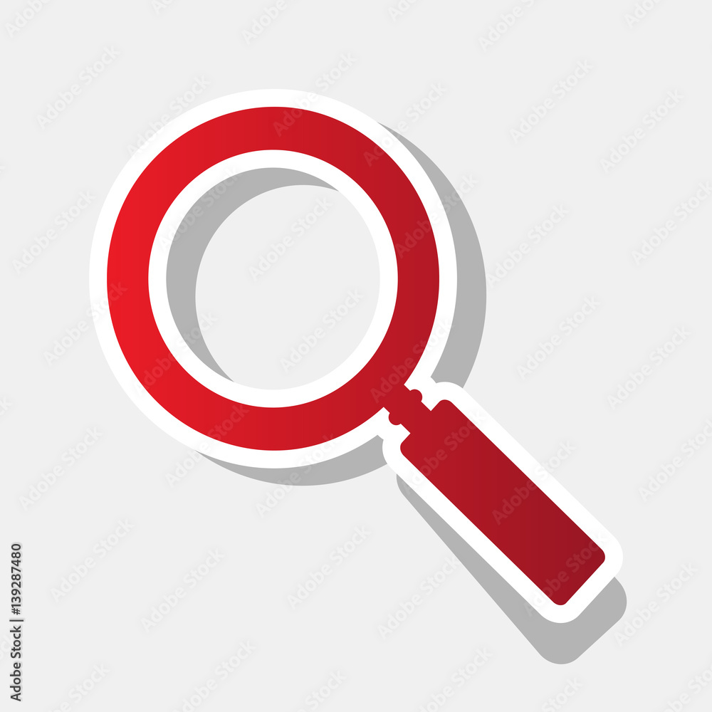 Zoom sign illustration. Vector. New year reddish icon with outside stroke and gray shadow on light gray background. Zoom sign illustration. Vector. New year reddish icon with outside stroke and gray shadow on light gray background.