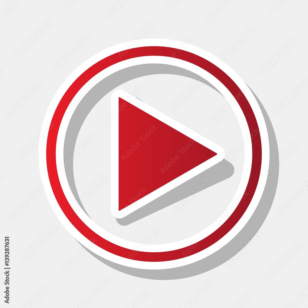 Play sign illustration. Vector. New year reddish icon with outside stroke and gray shadow on light gray background. Play sign illustration. Vector. New year reddish icon with outside stroke and gray shadow on light gray background.