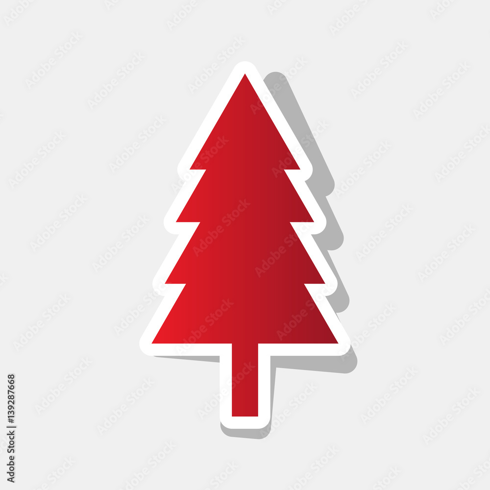 New year tree sign. Vector. New year reddish icon with outside stroke and gray shadow on light gray background.