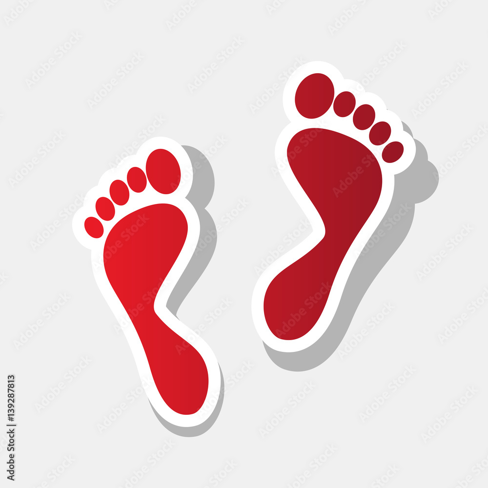 Foot prints sign. Vector. New year reddish icon with outside stroke and gray shadow on light gray background. Foot prints sign. Vector. New year reddish icon with outside stroke and gray shadow on light gray background.