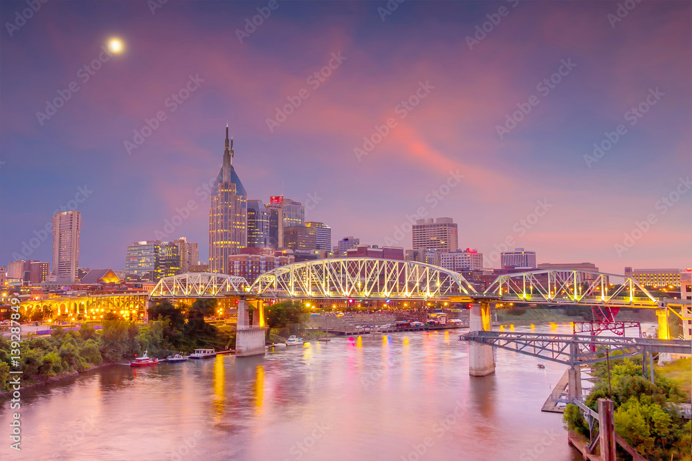 Nashville, Tennessee downtown skyline at twilight