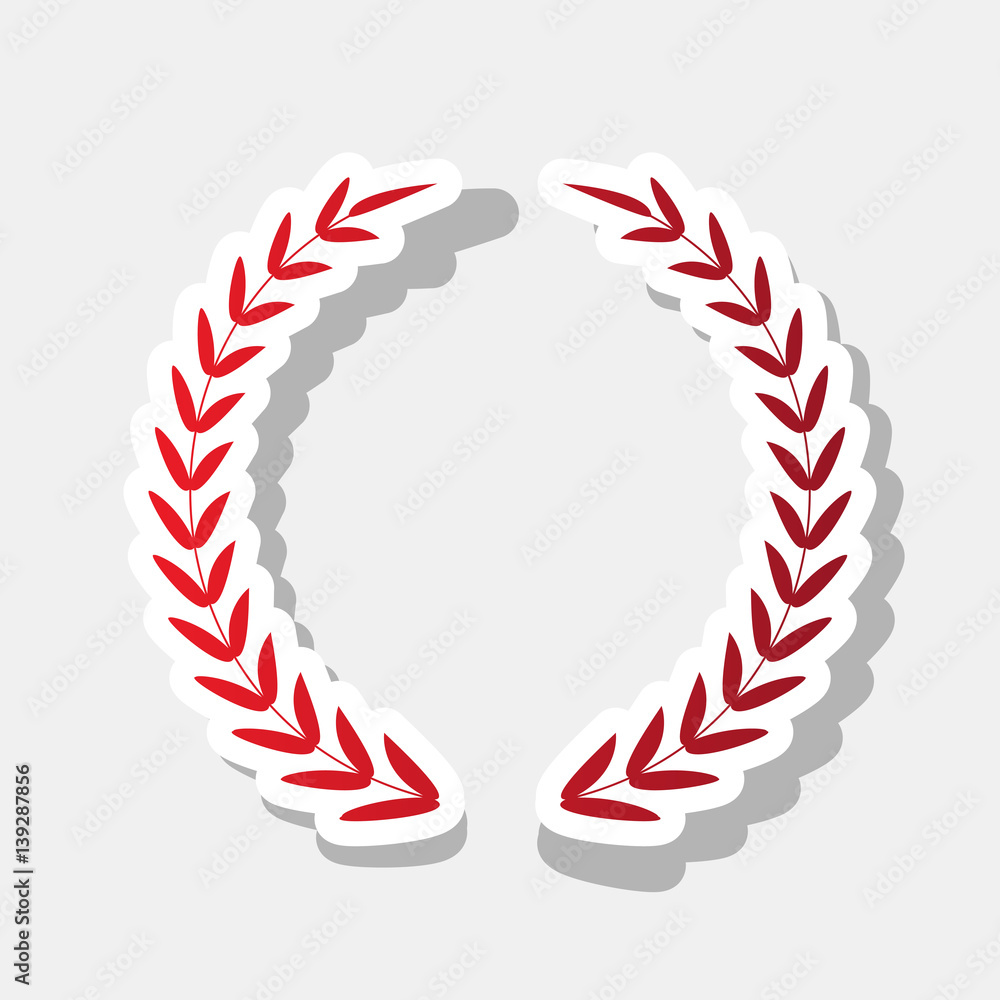 Laurel Wreath sign. Vector. New year reddish icon with outside stroke and gray shadow on light gray background.