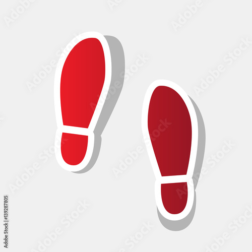 Imprint soles shoes sign. Vector. New year reddish icon with outside stroke and gray shadow on light gray background.