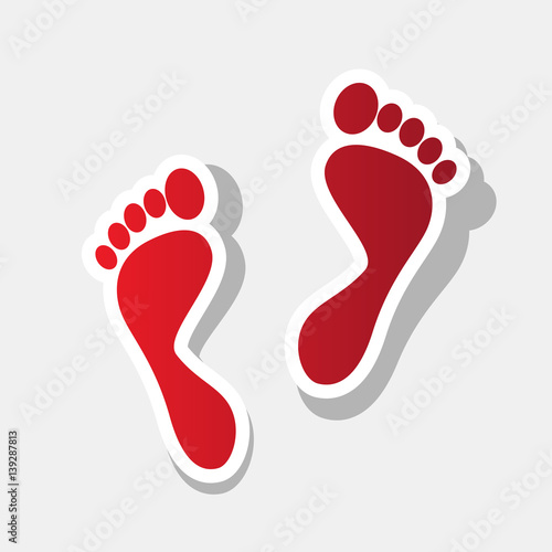Foot prints sign. Vector. New year reddish icon with outside stroke and gray shadow on light gray background.