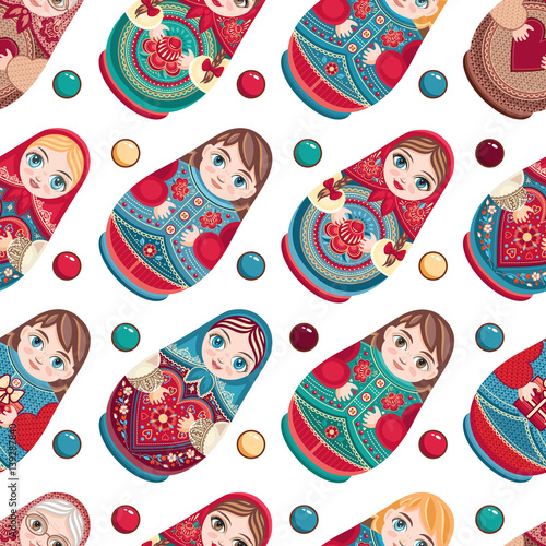 Russian souvenir. Matryoshka - babushka doll. Seamless pattern. Vector