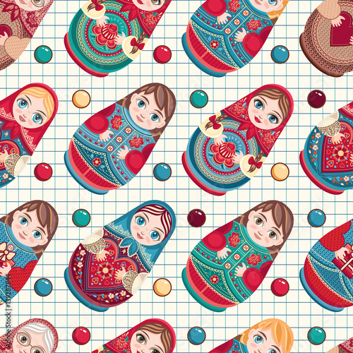 Russian souvenir. Matryoshka - babushka doll. Seamless pattern. Vector