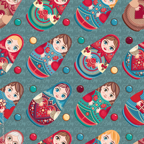 Russian souvenir. Matryoshka - babushka doll. Seamless pattern. Vector