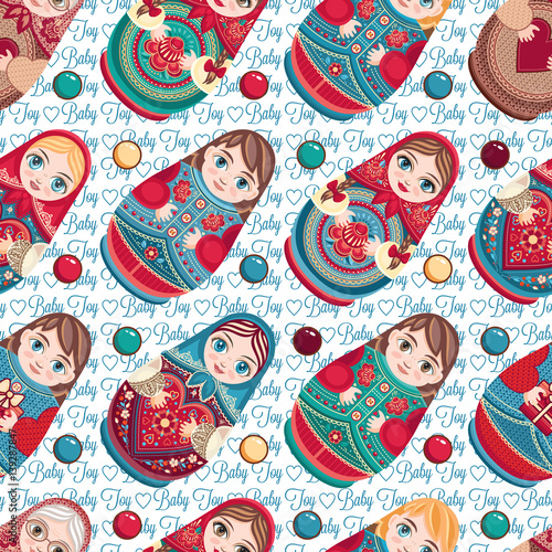 Russian souvenir. Matryoshka - babushka doll. Seamless pattern. Vector