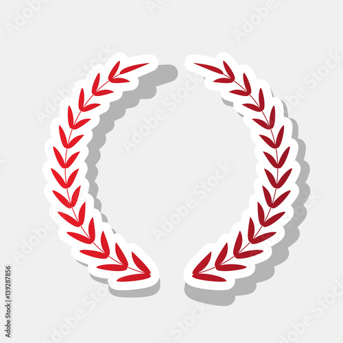 Laurel Wreath sign. Vector. New year reddish icon with outside stroke and gray shadow on light gray background.
