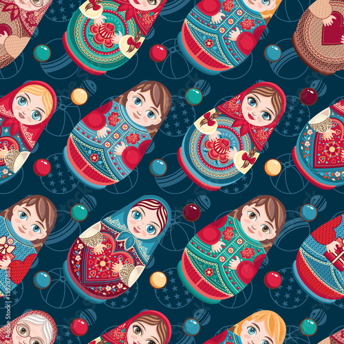 Russian souvenir. Matryoshka - babushka doll. Seamless pattern. Vector