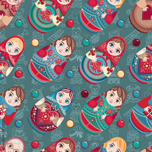 Russian souvenir. Matryoshka - babushka doll. Seamless pattern. Vector