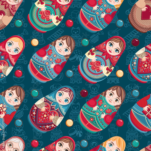 Russian souvenir. Matryoshka - babushka doll. Seamless pattern. Vector