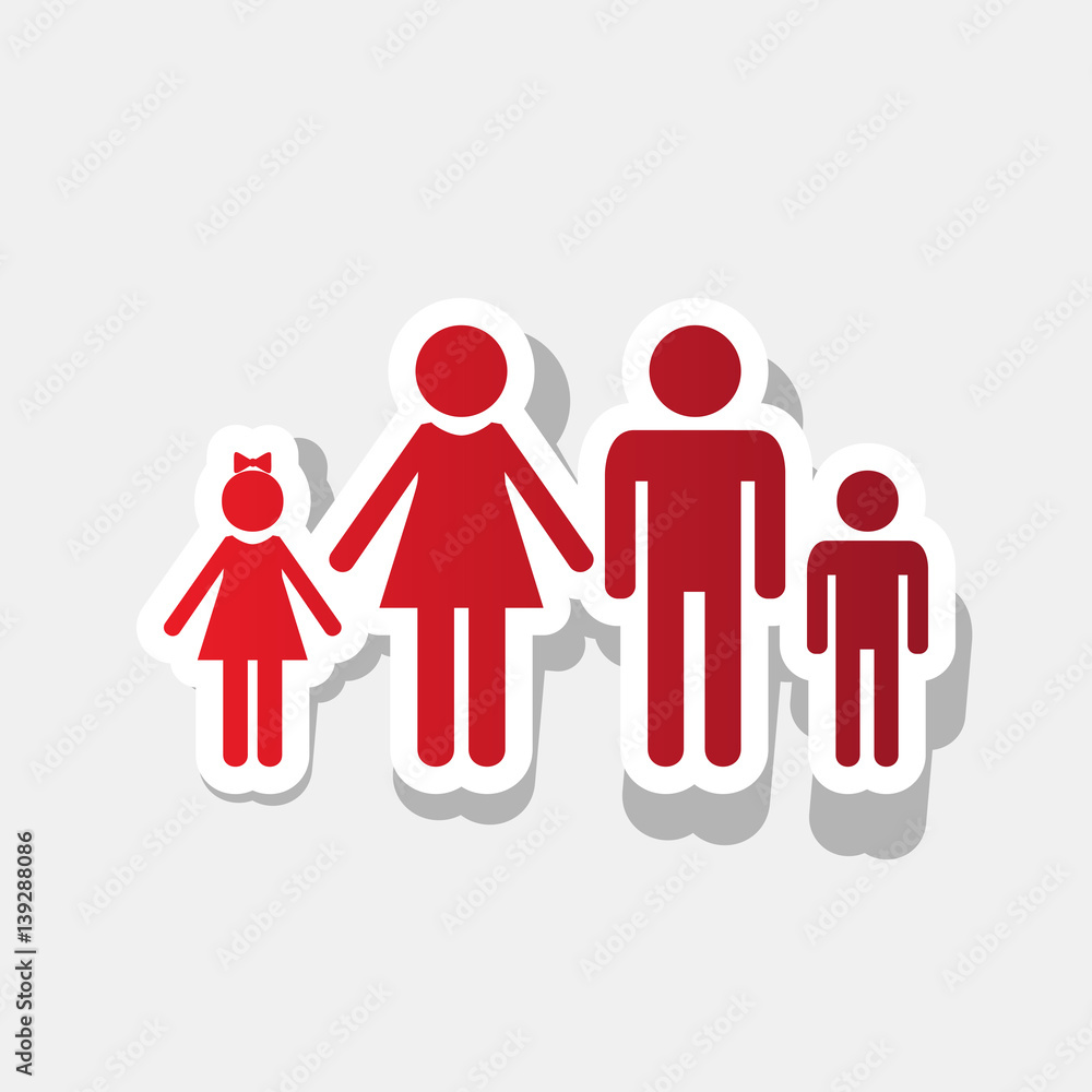 Family sign illustration. Vector. New year reddish icon with outside stroke and gray shadow on light gray background. Family sign illustration. Vector. New year reddish icon with outside stroke and gray shadow on light gray background.
