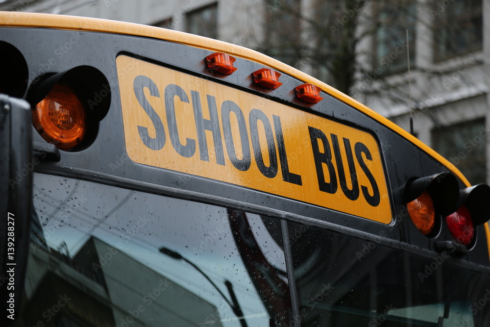 North American school bus windshield close up