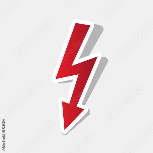 High voltage danger sign. Vector. New year reddish icon with outside stroke and gray shadow on light gray background.