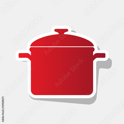 Cooking pan sign. Vector. New year reddish icon with outside stroke and gray shadow on light gray background.