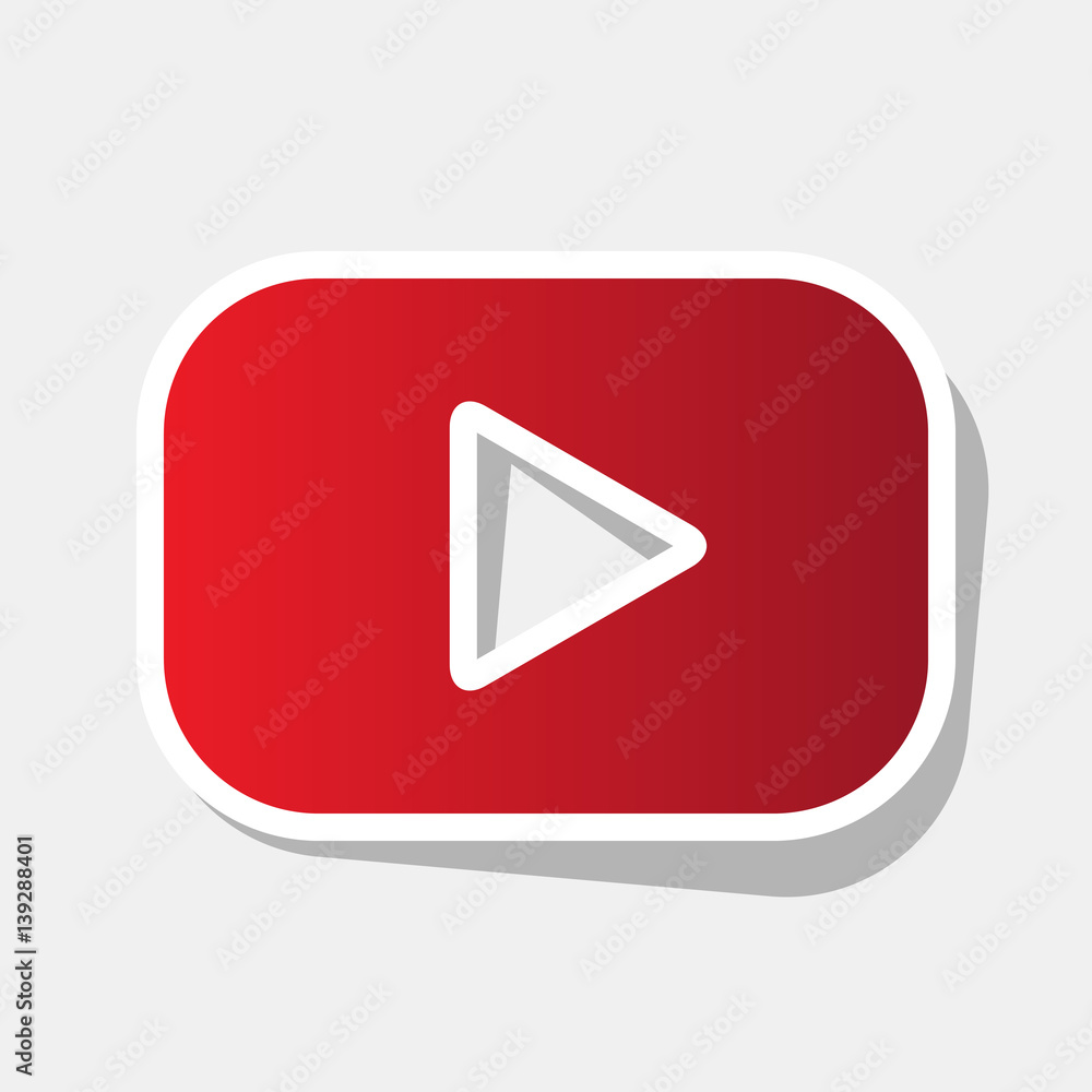 Play button sign. Vector. New year reddish icon with outside stroke and gray shadow on light gray background. Play button sign. Vector. New year reddish icon with outside stroke and gray shadow on light gray background.