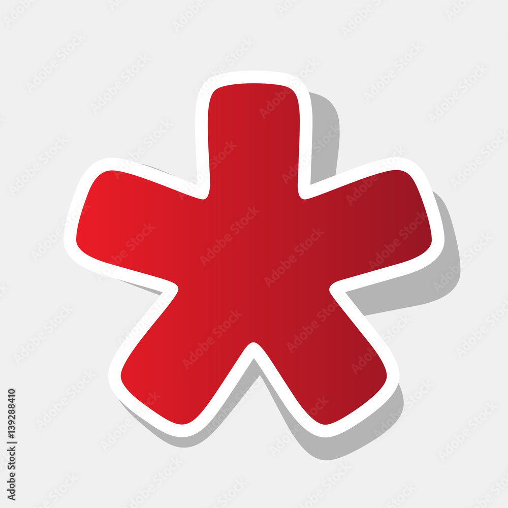 Fototapeta premium Asterisk star sign. Vector. New year reddish icon with outside stroke and gray shadow on light gray background.