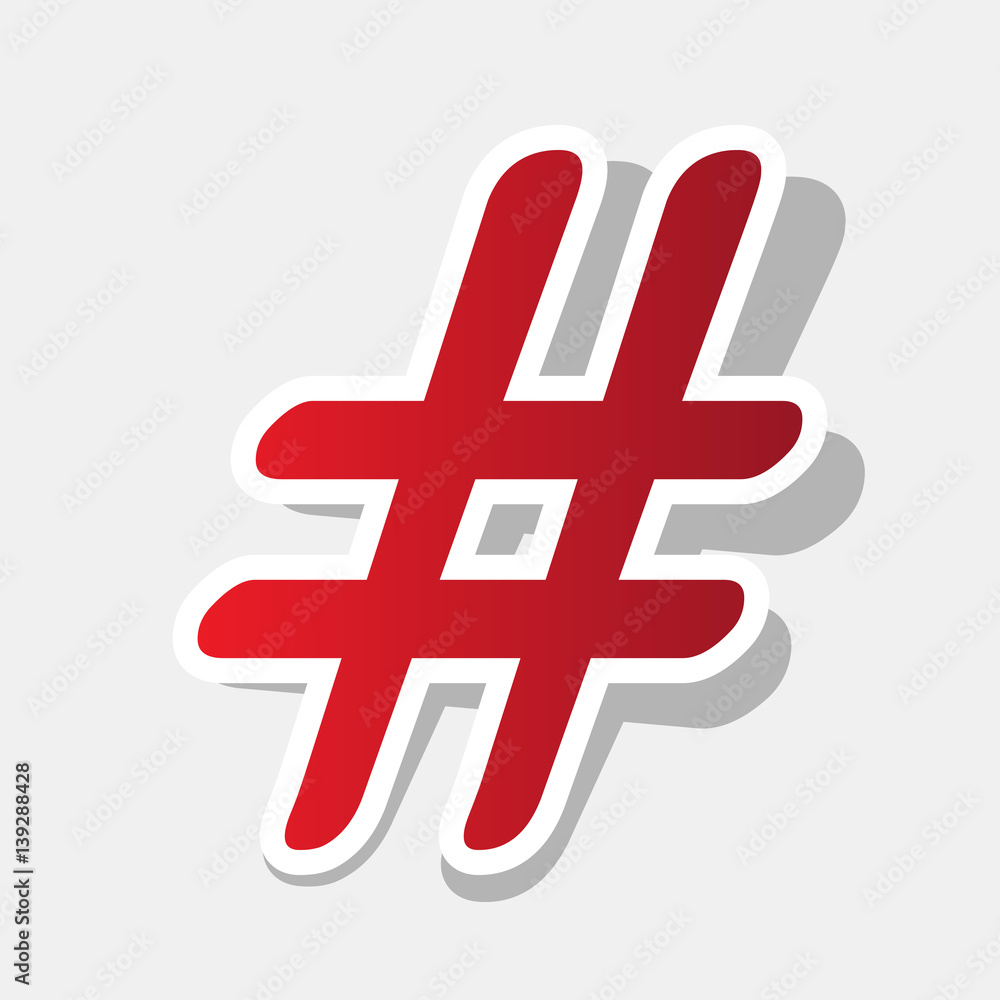 Fototapeta premium Hashtag sign illustration. Vector. New year reddish icon with outside stroke and gray shadow on light gray background.