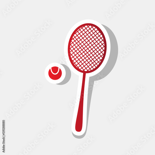 Tennis racquet sign. Vector. New year reddish icon with outside stroke and gray shadow on light gray background.